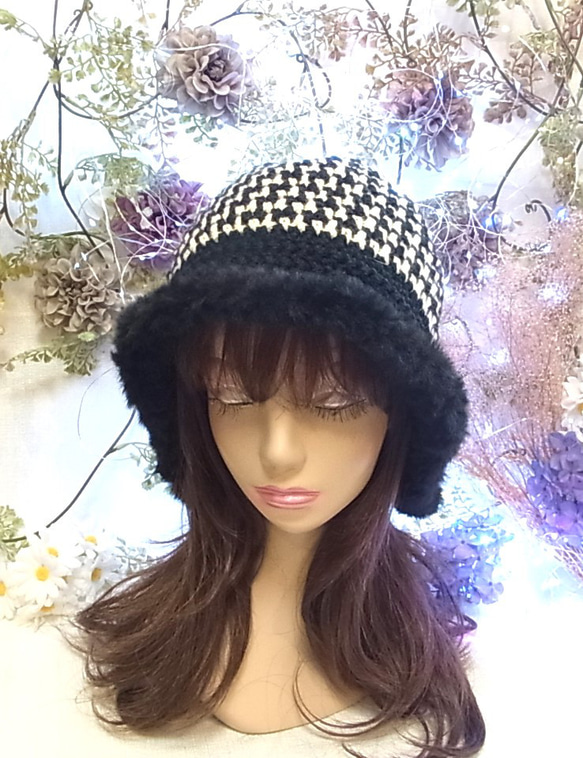 ニット帽 ニットキャップ 帽子 ちどり格子 ブラック 小顔効果　 4枚目の画像