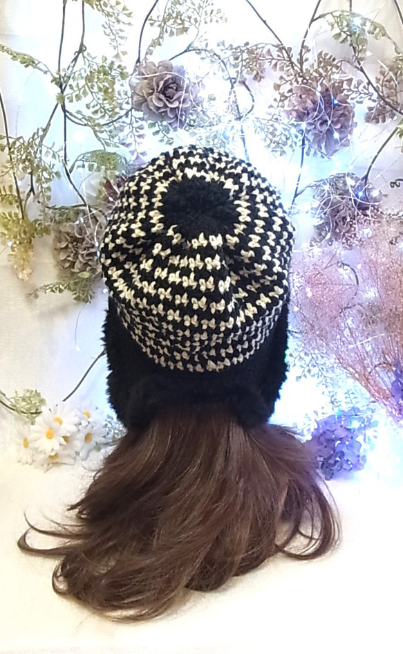 ニット帽 ニットキャップ 帽子 ちどり格子 ブラック 小顔効果　 7枚目の画像