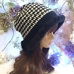ニット帽 ニットキャップ 帽子 ちどり格子 ブラック 小顔効果　 6枚目の画像
