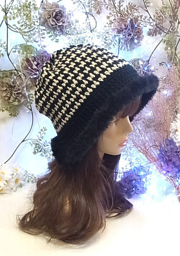 ニット帽 ニットキャップ 帽子 ちどり格子 ブラック 小顔効果　 6枚目の画像