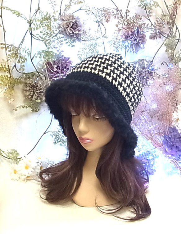 ニット帽 ニットキャップ 帽子 ちどり格子 ブラック 小顔効果　 2枚目の画像