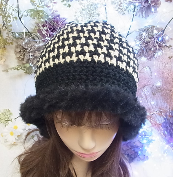 ニット帽 ニットキャップ 帽子 ちどり格子 ブラック 小顔効果　 8枚目の画像