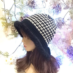 ニット帽 ニットキャップ 帽子 ちどり格子 ブラック 小顔効果　 5枚目の画像