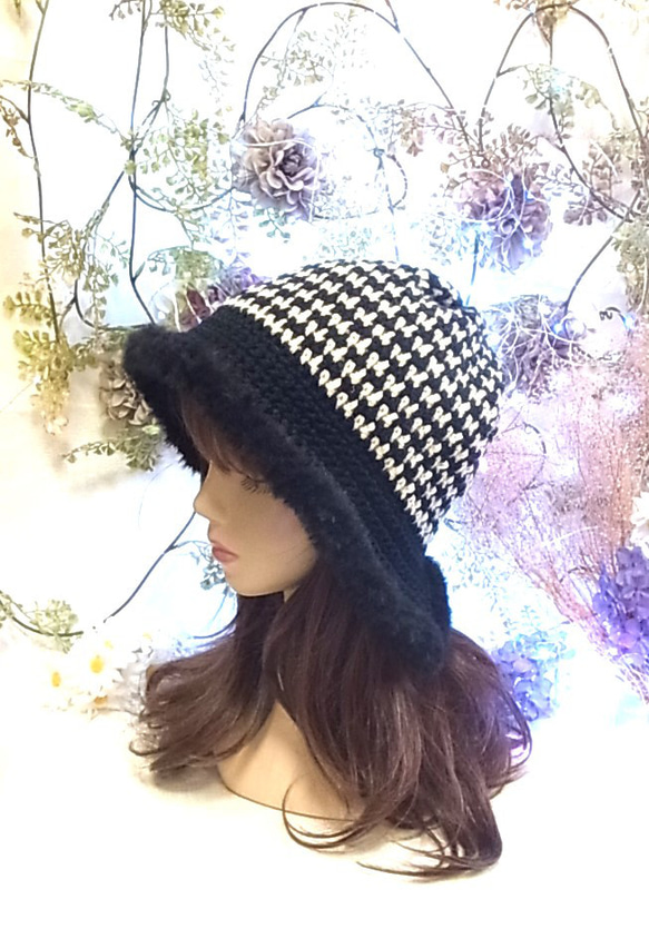 ニット帽 ニットキャップ 帽子 ちどり格子 ブラック 小顔効果　 5枚目の画像
