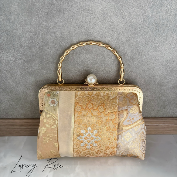 新作！1点限定！上質パッチワーク♡5種上品ゴールド系高級帯地で上品帯地バッグ　フォーマルバッグ　パーティーバッグ 8枚目の画像