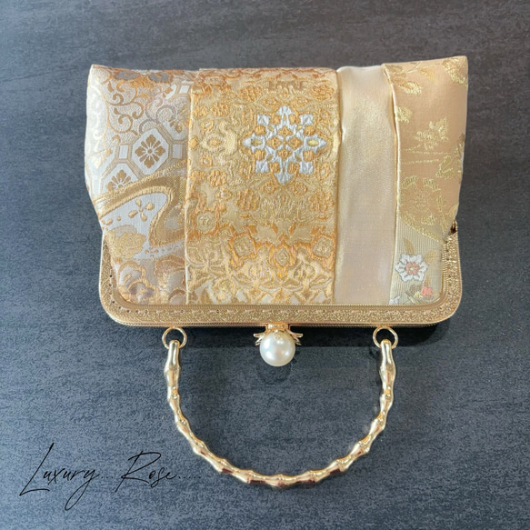新作！1点限定！上質パッチワーク♡5種上品ゴールド系高級帯地で上品帯地バッグ　フォーマルバッグ　パーティーバッグ 13枚目の画像