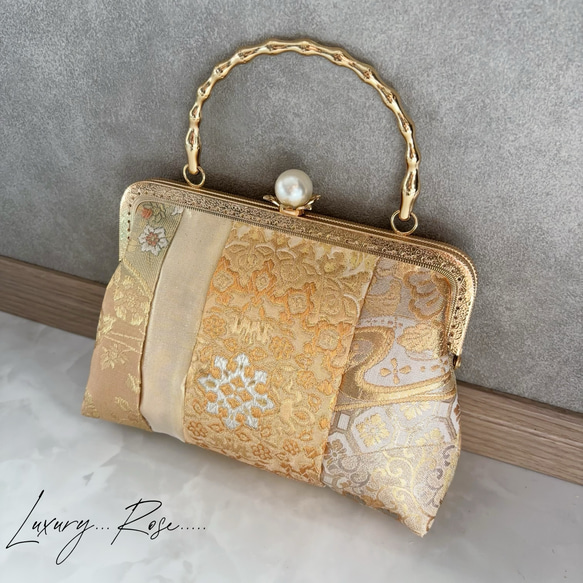 新作！1点限定！上質パッチワーク♡5種上品ゴールド系高級帯地で上品帯地バッグ　フォーマルバッグ　パーティーバッグ 7枚目の画像
