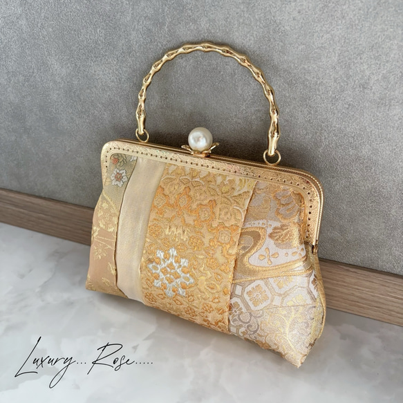 新作！1点限定！上質パッチワーク♡5種上品ゴールド系高級帯地で上品帯地バッグ　フォーマルバッグ　パーティーバッグ 2枚目の画像