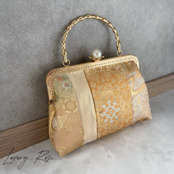 新作！1点限定！上質パッチワーク♡5種上品ゴールド系高級帯地で上品帯地バッグ　フォーマルバッグ　パーティーバッグ 3枚目の画像