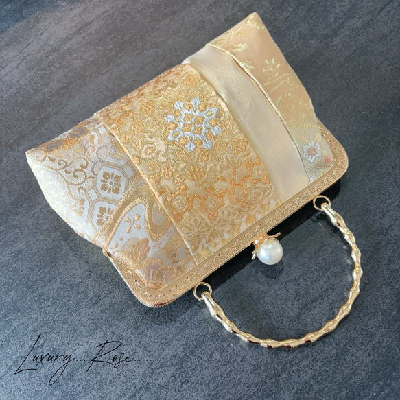 新作！1点限定！上質パッチワーク♡5種上品ゴールド系高級帯地で上品帯地バッグ　フォーマルバッグ　パーティーバッグ 11枚目の画像