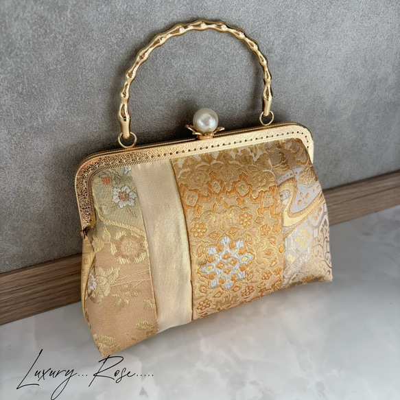 新作！1点限定！上質パッチワーク♡5種上品ゴールド系高級帯地で上品帯地バッグ　フォーマルバッグ　パーティーバッグ 6枚目の画像