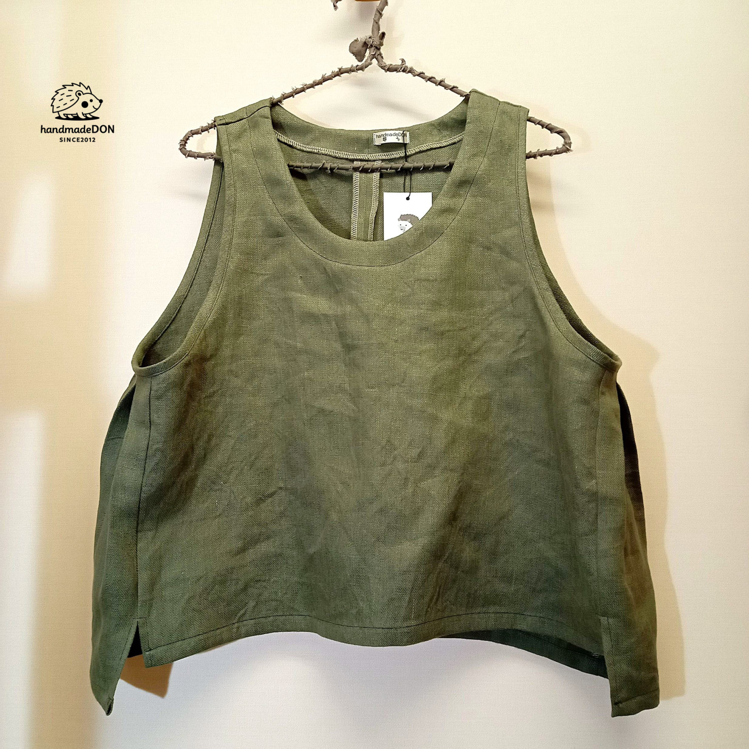 【厚手リネン】リネンのショートベスト◆オリーブ◆フリーサイズ（ウィンターリネン、15番手リネン100％）～ベスト・ジレ～