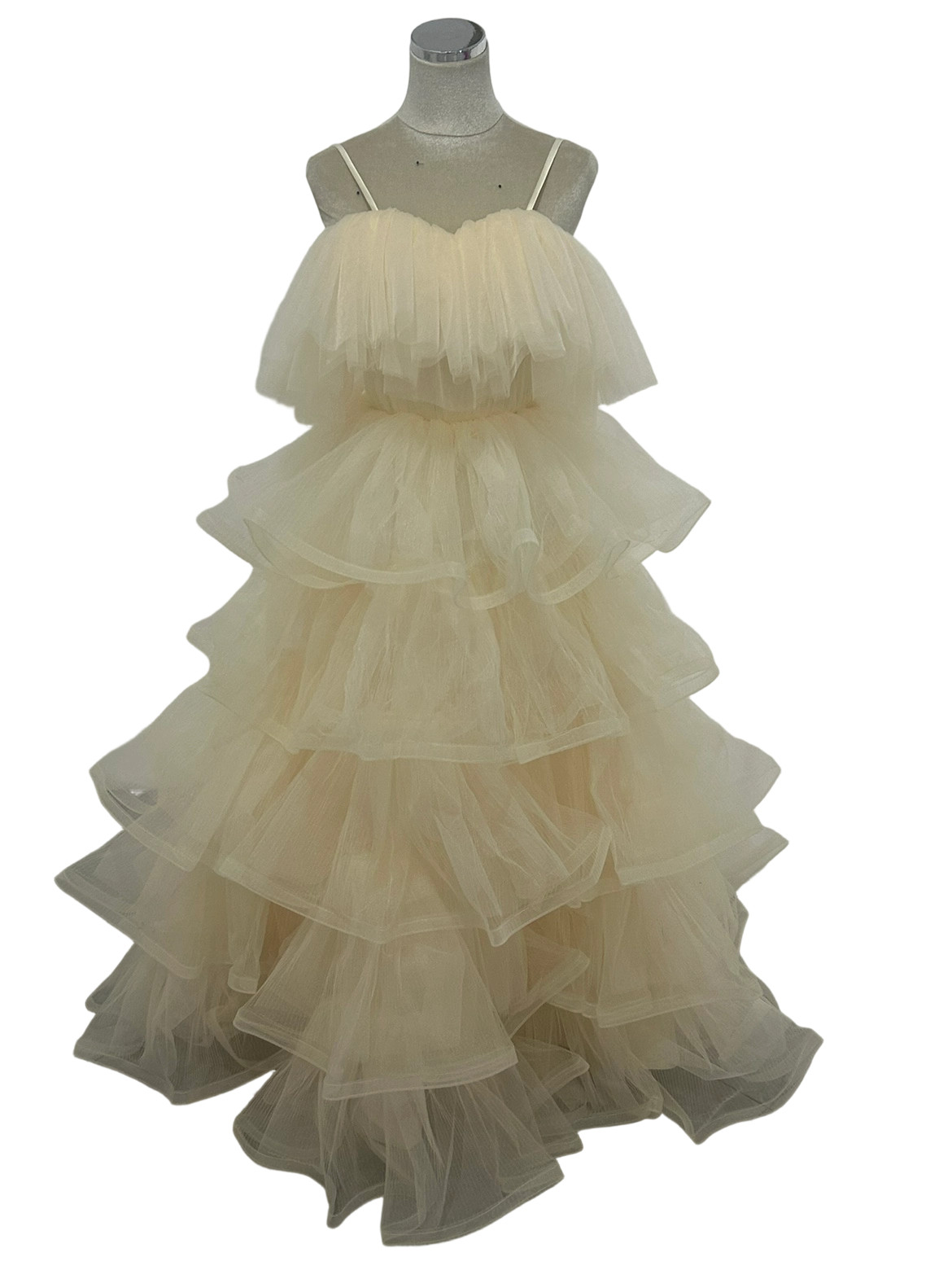 カラードレス キャミソール ラッフルフリル シャンパン色 編み上げ ロング ティアードのドレス