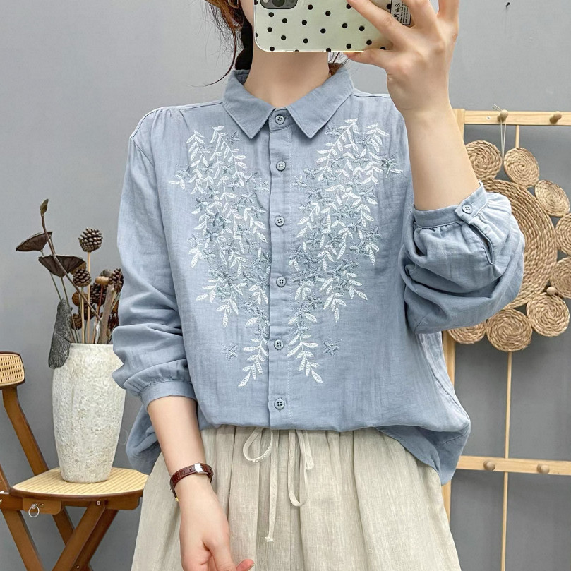 刺繍・春秋・シャツ・コットン100%・トップス・吸汗速乾・ゼニスブルー