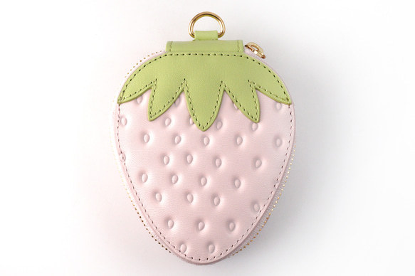 ヘタ付き白いちごなバニティポーチ（リップケース・小物入れ）／本革製 3枚目の画像