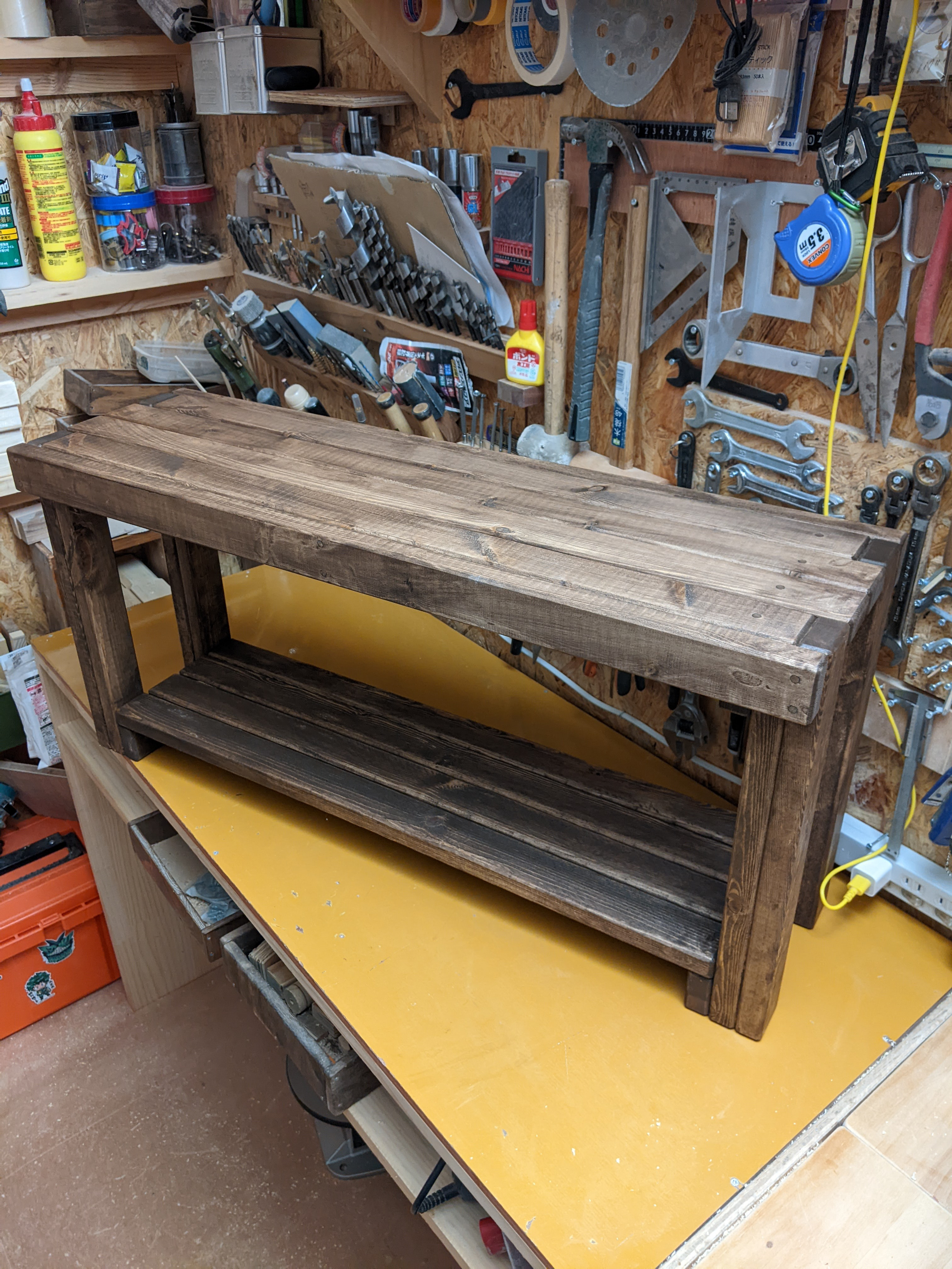 約85cm 無垢材のスラットデザインベンチ収納付 木部保護塗料キシラデコール（バリサンダ）［椅子　スツール］