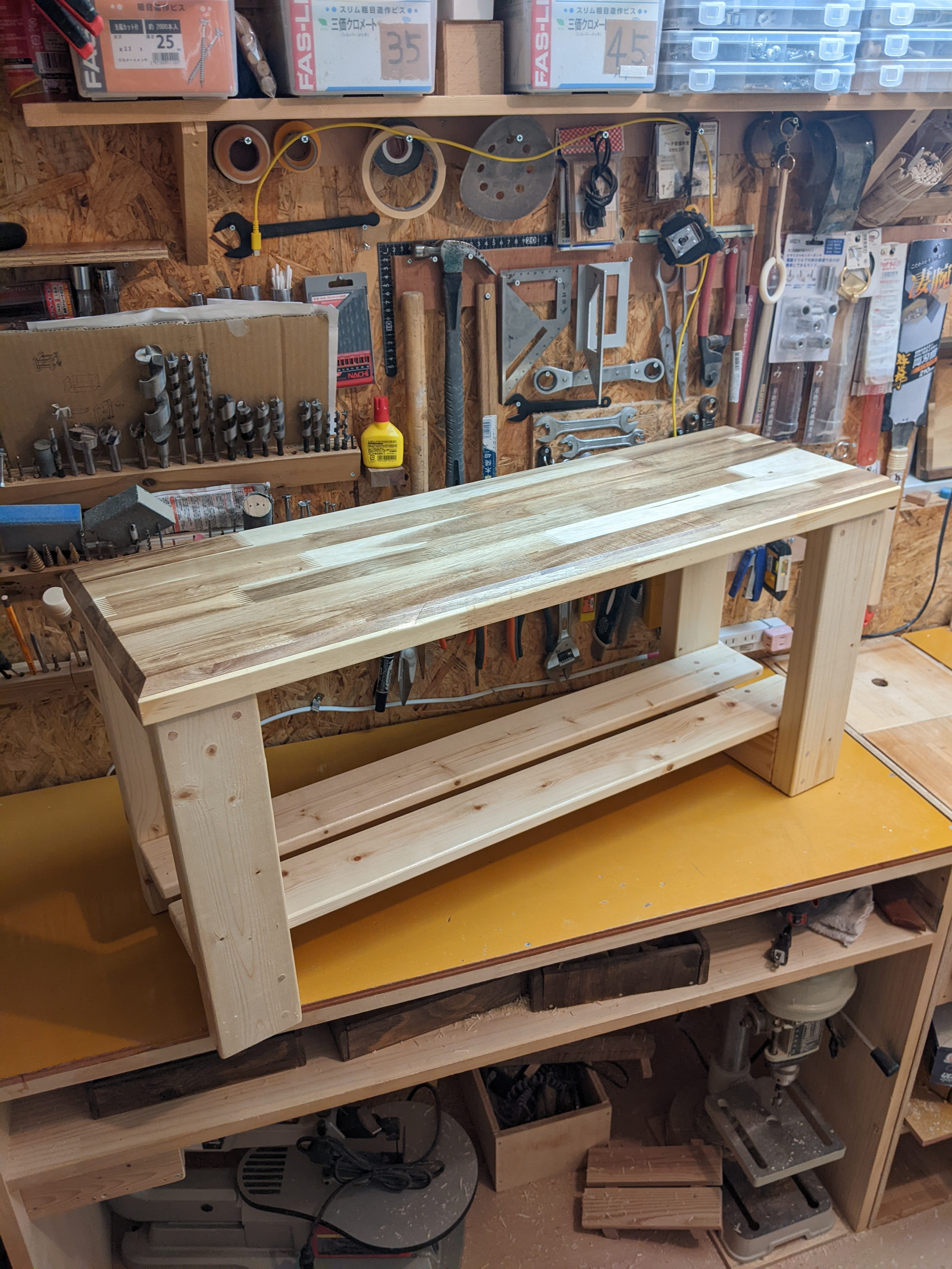 二種合わせ天板 45度面取ベンチ 幅約91㎝m（アカシア&パイン天板）［イス］