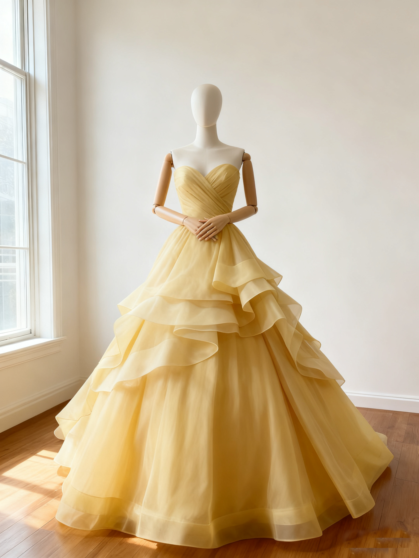 カラードレス パステルイエロー アシンメトリー風   ビスチェドレス  ソフトチュール   スリット花嫁 前撮り