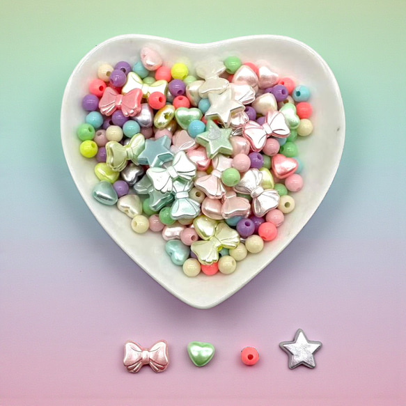 アクリルビーズミックス 4種セット【リボン/星/ハート/丸】パステルカラー ハンドメイド素材 pt-2957 1枚目の画像