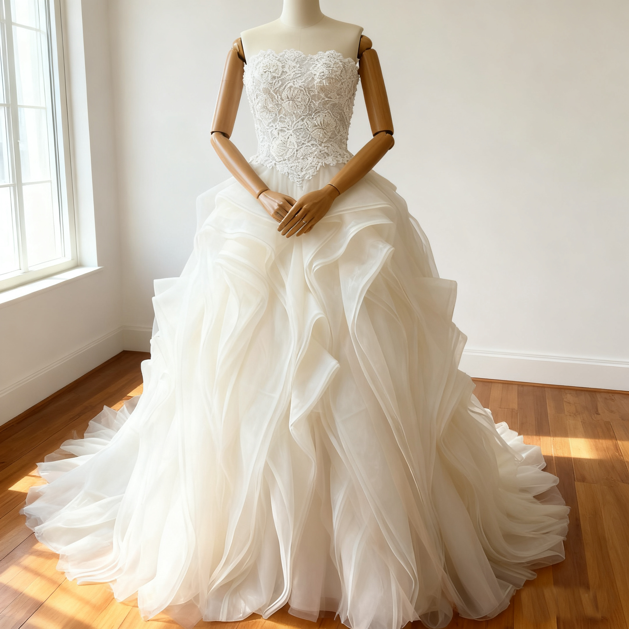 ウエディングドレス オフホワイト  韓国風ドレス ラッフルフリル  繊細なレース   ビスチェドレス 結婚式