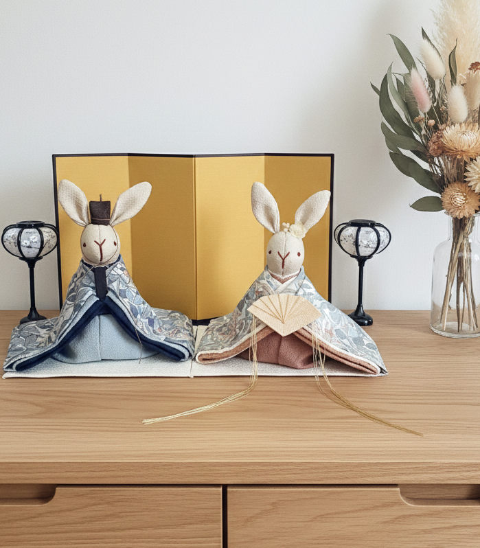 大きなサイズ　素敵なウィリアムモリス柄のお着物のうさぎの雛人形 (ひな人形、雛人形、お雛様)