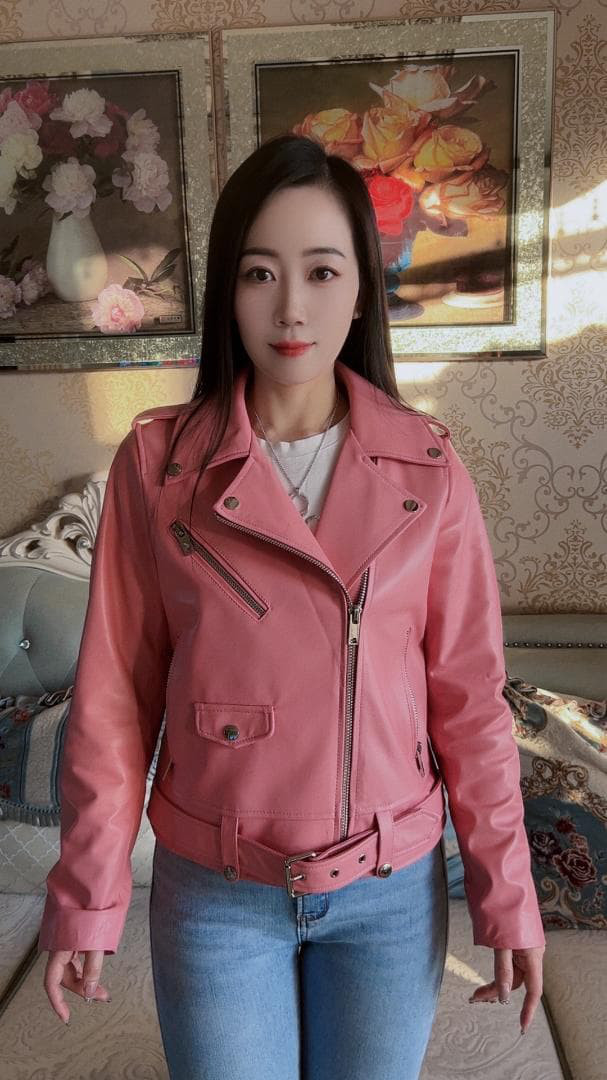 新品 限定レディース上質 本革↑ラムレザージャケットピンク☆ラムレザーコート