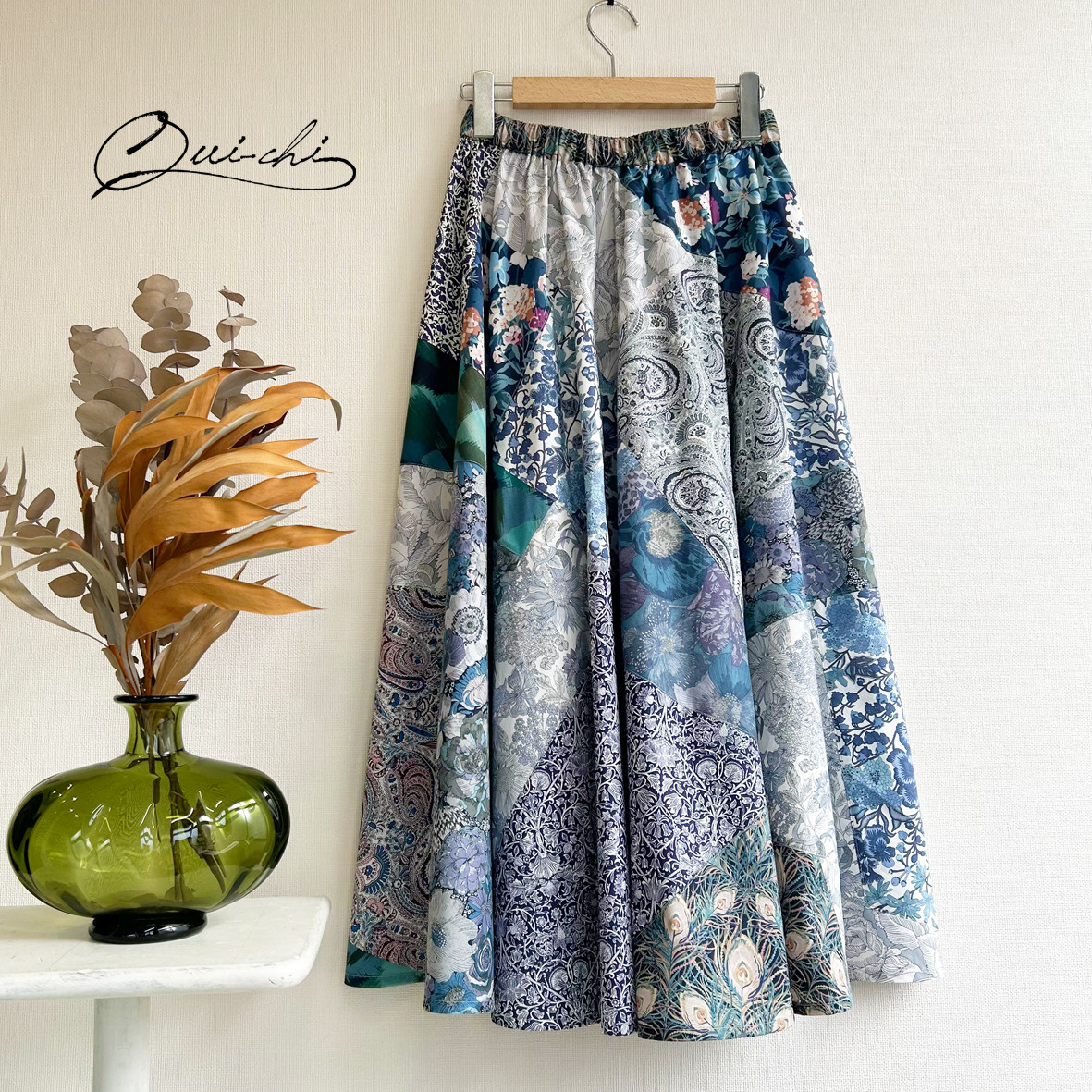 リバティ・ファブリックス＊ブルー系パッチワーク＊フレアスカート