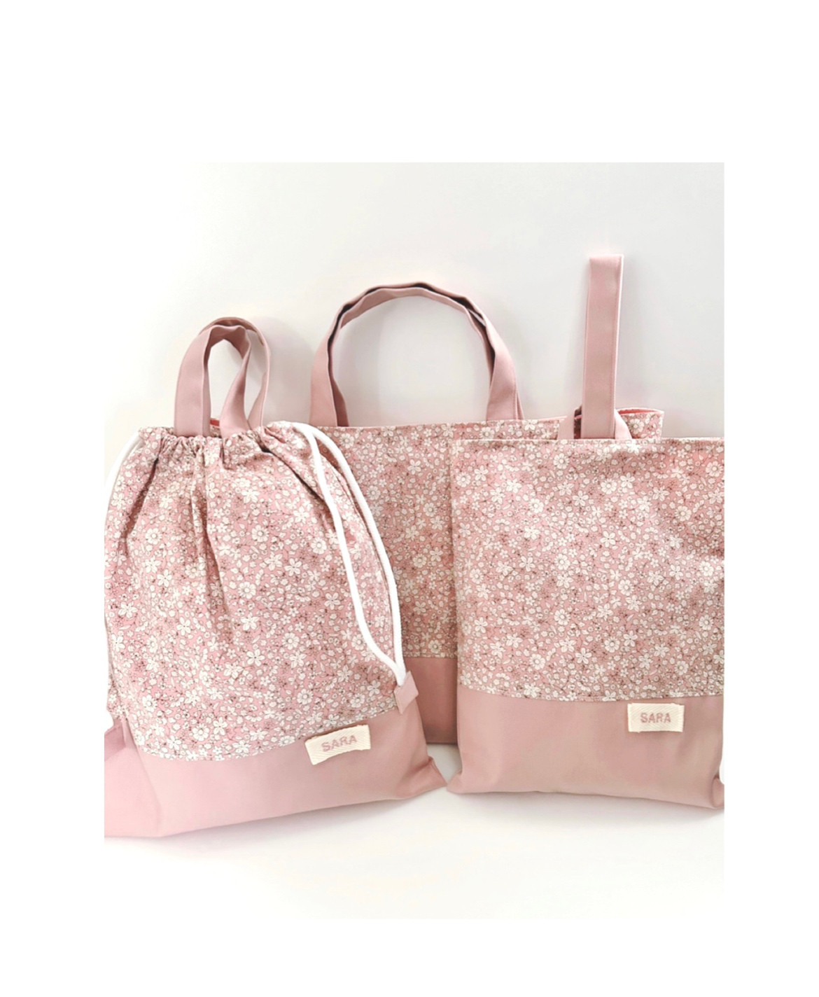 【入園入学3点セット／お名前刺繍オーダー】くすみピンク×小花柄 レッスンバッグ・シューズバッグ・巾着袋