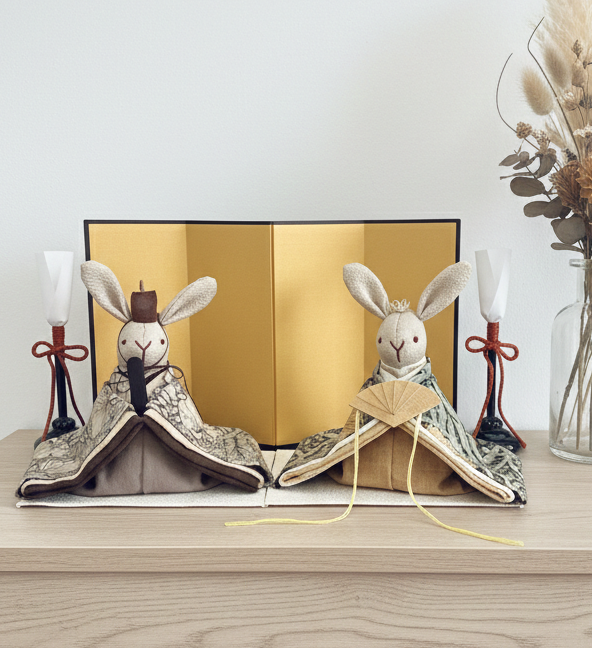 大きなサイズ　素敵なウィリアムモリス柄のお着物のうさぎの雛人形 (ひな人形、雛人形、お雛様)