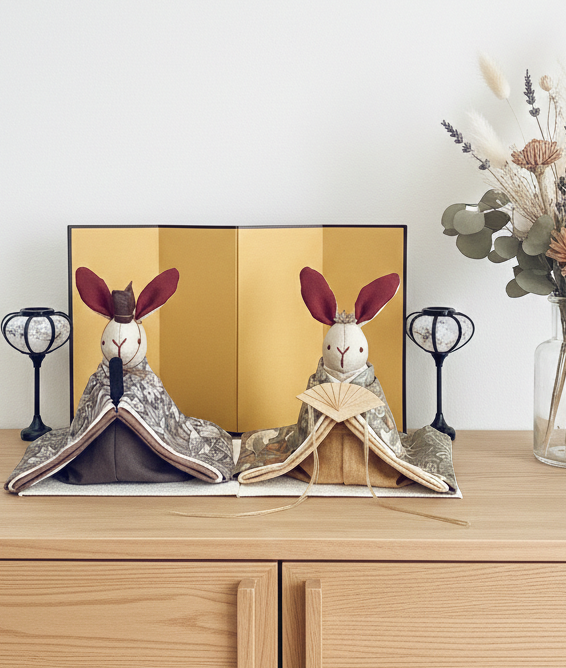 大きなサイズ　素敵なウィリアムモリス柄のお着物のうさぎの雛人形 (ひな人形、雛人形、お雛様)