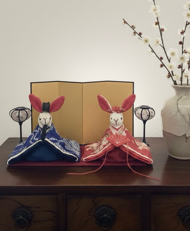大きなサイズ　アンティークのお着物のうさぎの雛人形 (ひな人形、雛人形、お雛様)