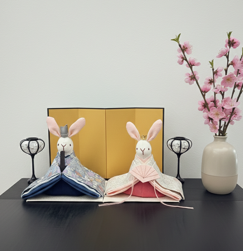 大きなサイズ　春らしい金襴生地のお着物のうさぎの雛人形 (ひな人形、雛人形、お雛様)