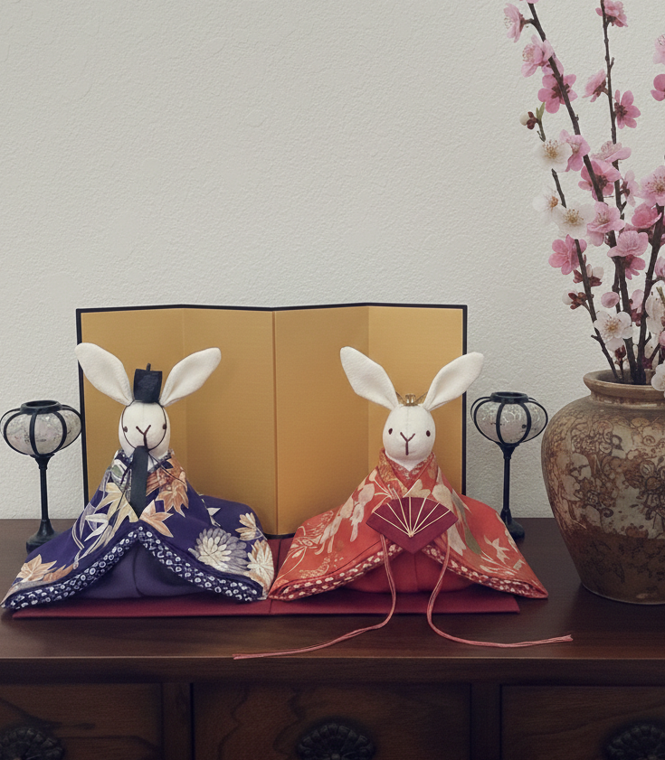 大きなサイズ　アンティークのお着物のうさぎの雛人形 (ひな人形、雛人形、お雛様)