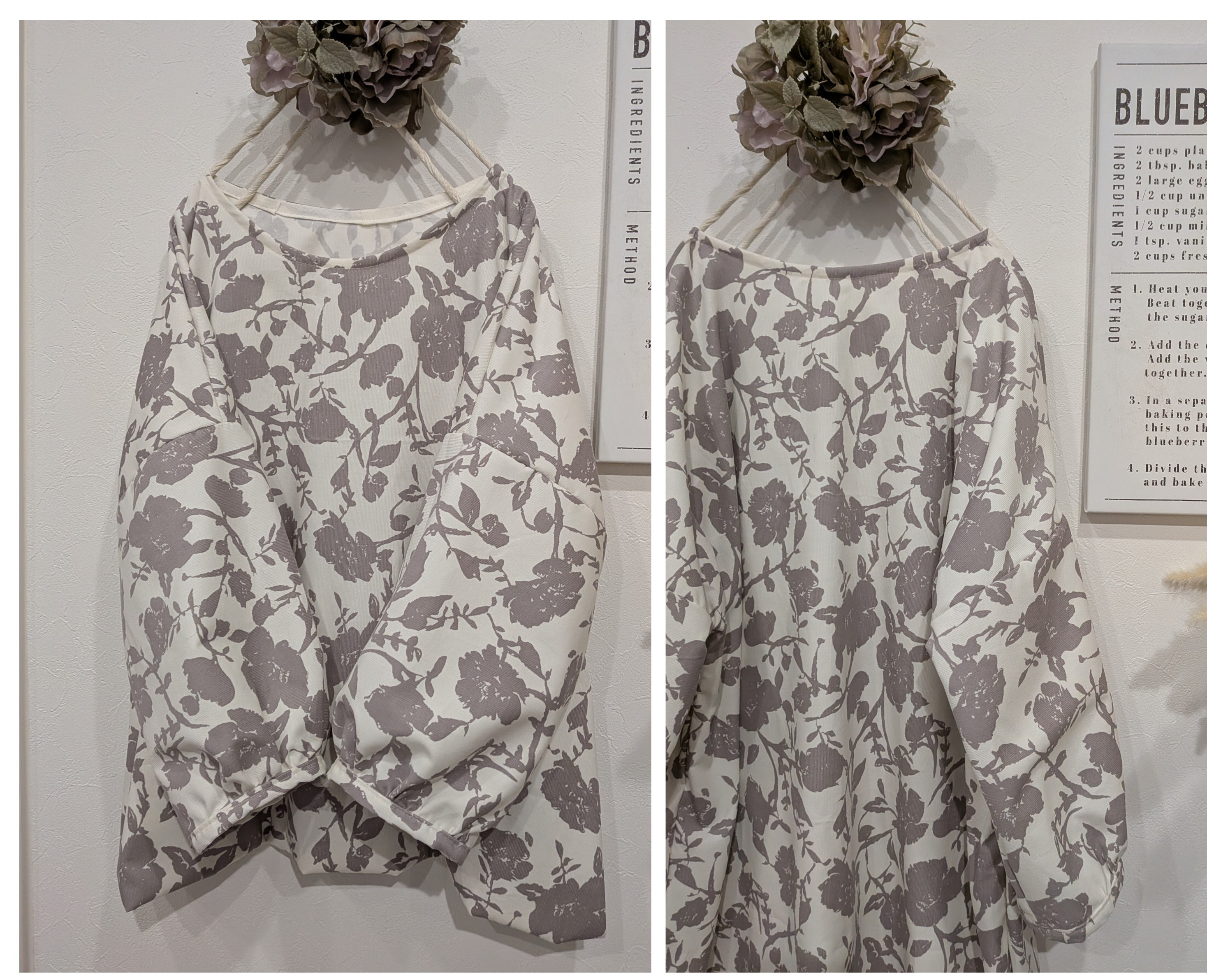 ♥ホワイト花柄パフ袖ブラウス♥シャツコール天秋冬