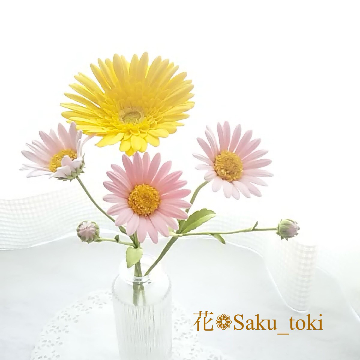 【現品限り】❁黄色ガーベラとピンクマーガレットのクレイフラワーセット・インテリアフラワー・一輪挿しに❁