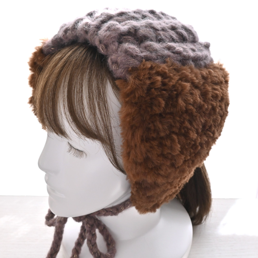 《 結ぶタイプ》イヤーマフ/ヘアバンド 2way♪ふわふわファーとラメヤーンのラグジュアリー＊ ブラウン×ライトブラウン