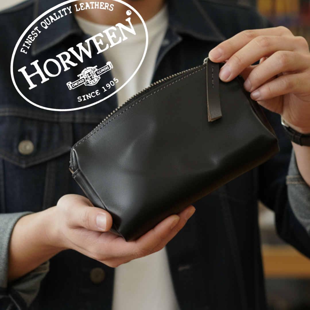 クロムエクセルレザーのダブルジップファスナーガジェットポーチ ブラック（茶芯）｜小物の収納に最適な上質レザーポーチ