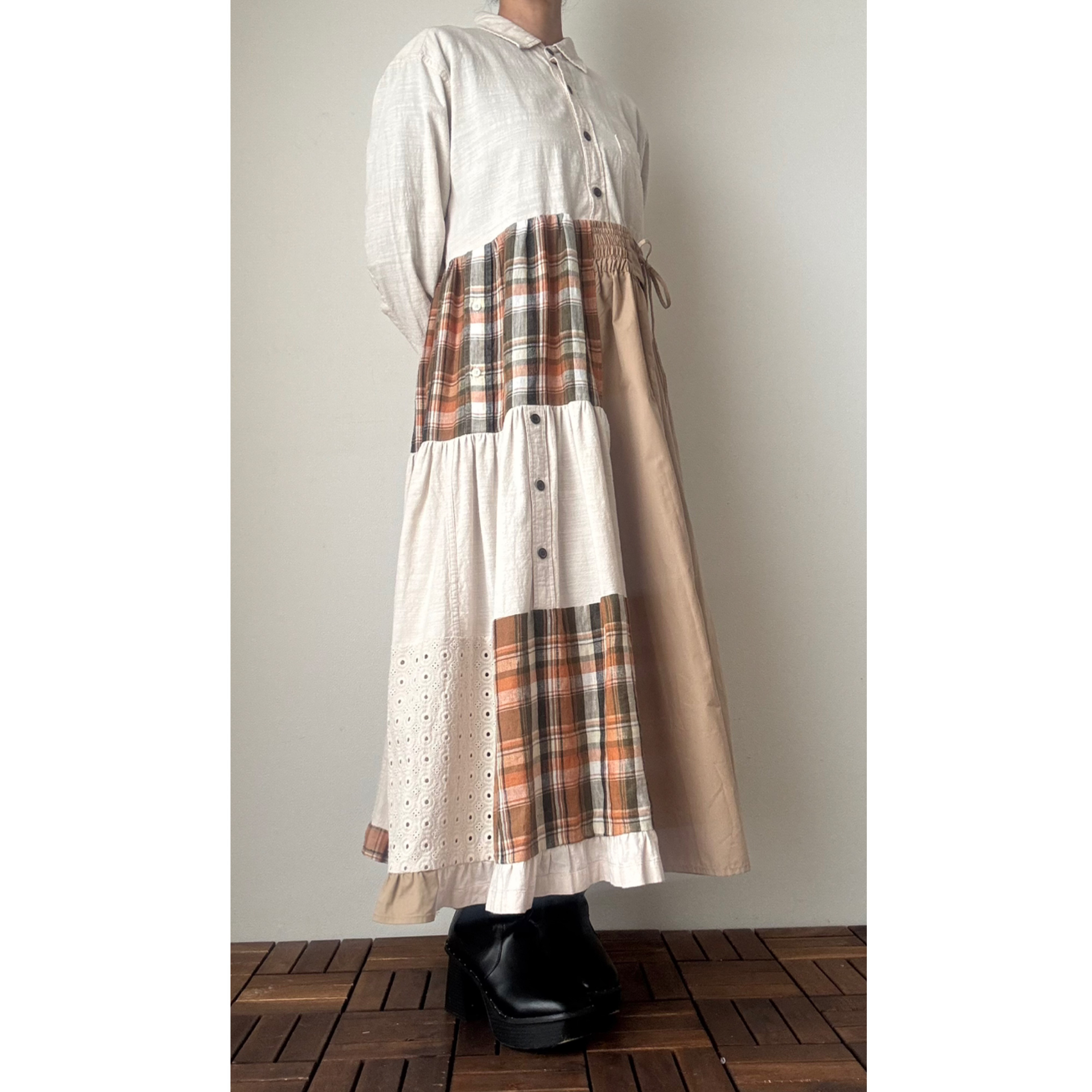 No.028 古着シャツやワンピースを組み合わせた切り替えデザインのナチュラルな風合いと個性が際立つ長袖ワンピース