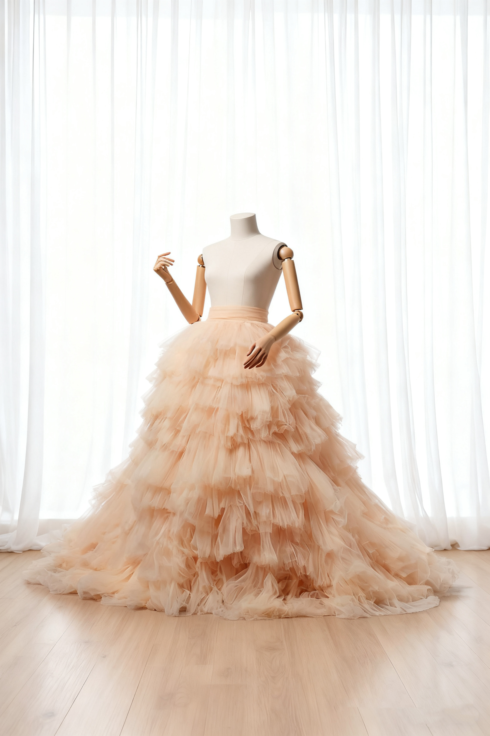 送料無料！オーバースカート シャンパン色 ふわふわドレス 柔らかく重ねたチュールスカート ブライダル  前撮り