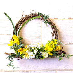 玄関ドアリース ミモザと春のお花のリース 母の日、お誕生日プレゼント
