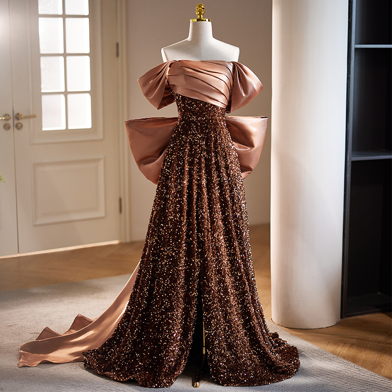 綺麗 シャンパン色 リボン スパンコール パーティードレス 裾引き 演奏会 二次会 前撮り 披露宴 08576