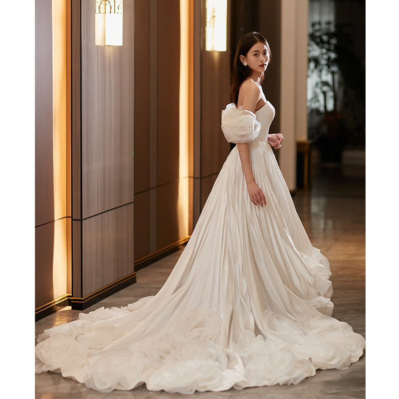 綺麗 白 サテン オフショルダー ウェディングドレス 裾引き プリンセス 花嫁 誕生日 成人式 二次会 前撮り 8575