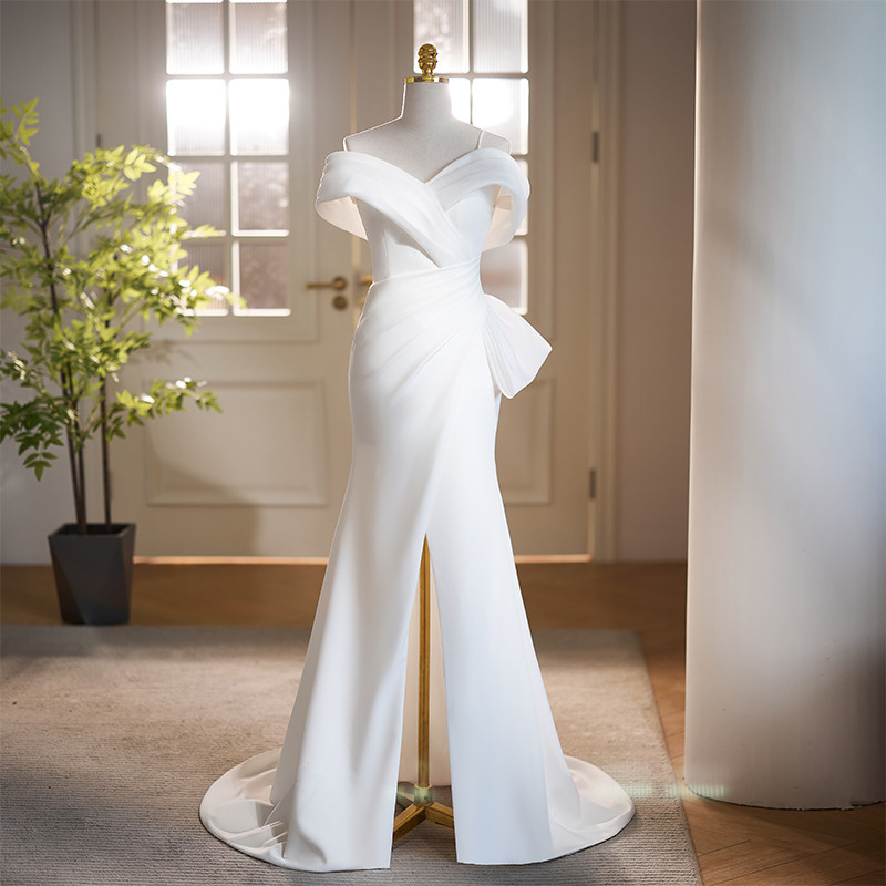 綺麗 白 オフショルダー マーメイドドレス シンプル 韓国風 パーティー 誕生日 成人式 二次会 前撮り 08574