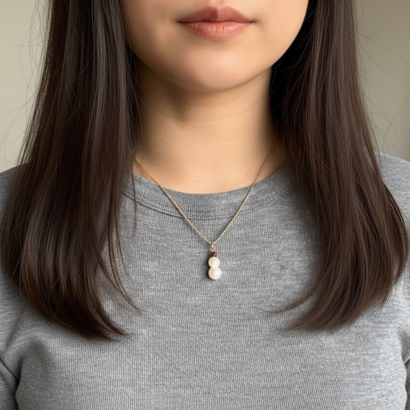 赤い帽子の雪だるま✴︎淡水パール×ルベライトAll14Kgf✴︎40cmネックレス 2枚目の画像