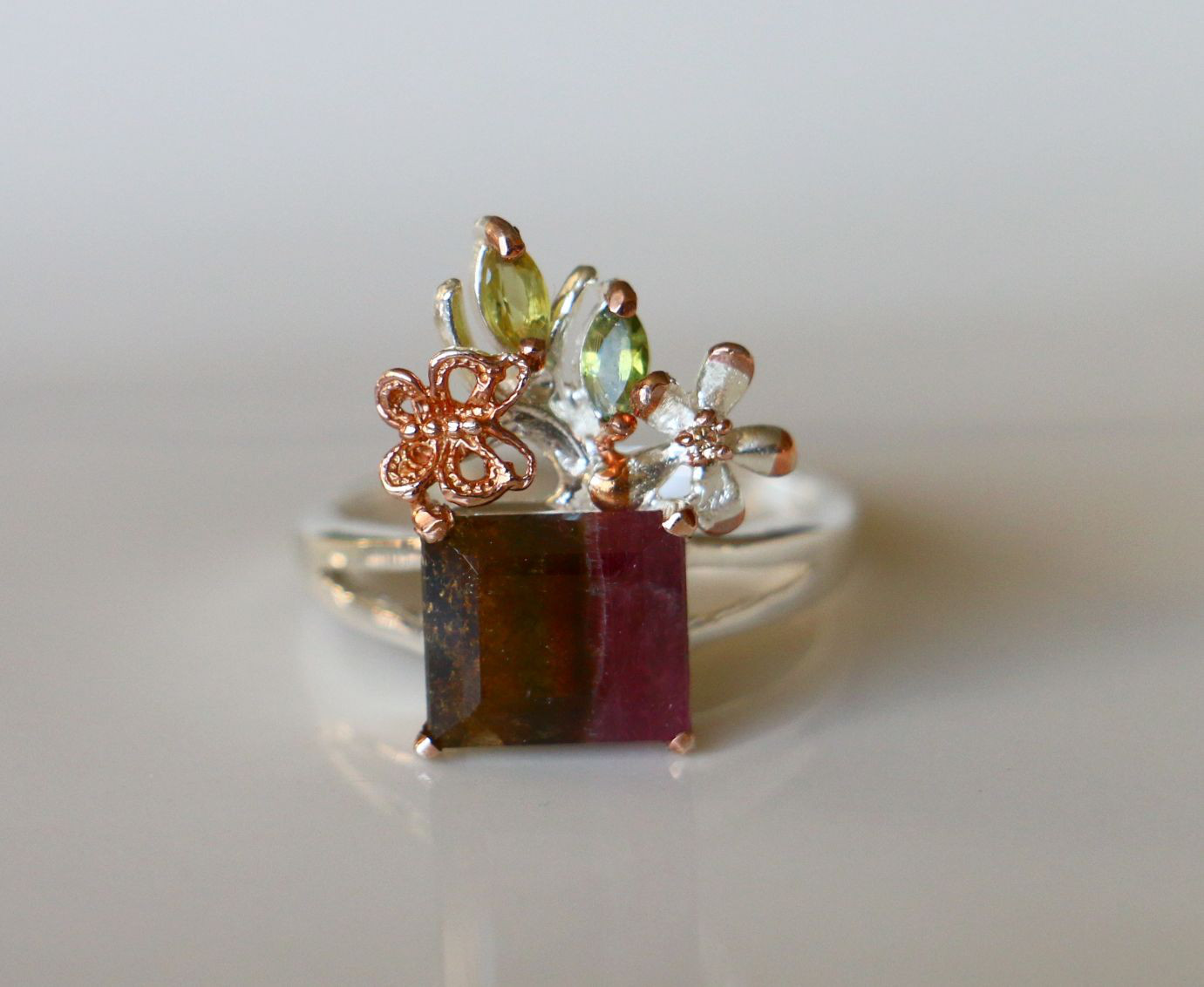 天然石　バイカラートルマリン　ペリドット　キュービックジルコニア　Silver 　リング　指輪　18.5号