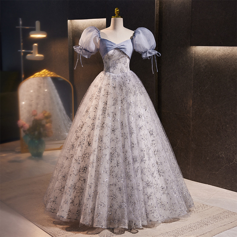 綺麗 青 ふわふわ パフスリーブ パーティードレス プリンセス 花嫁 演奏会 二次会 前撮り 披露宴 08559