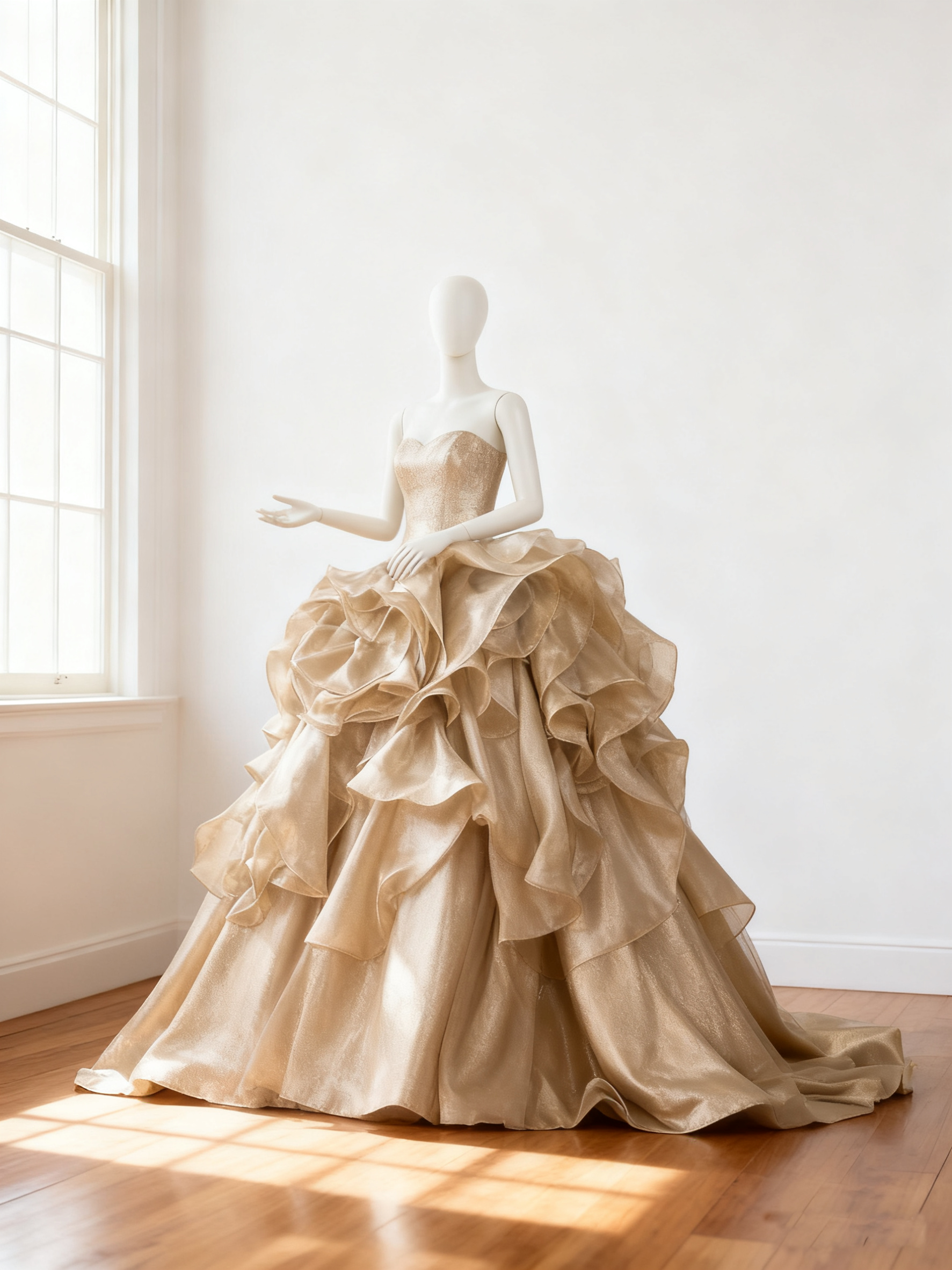 カラードレス  シャンパン色 シークインチュール アシンメトリードレス 華やかなトレーン  ビスチェドレス 結婚式