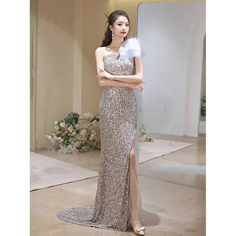高級感 シルバー スパンコール キラキラ マーメイドドレス 花嫁 パーティー 誕生日 二次会 前撮り 披露宴 08536