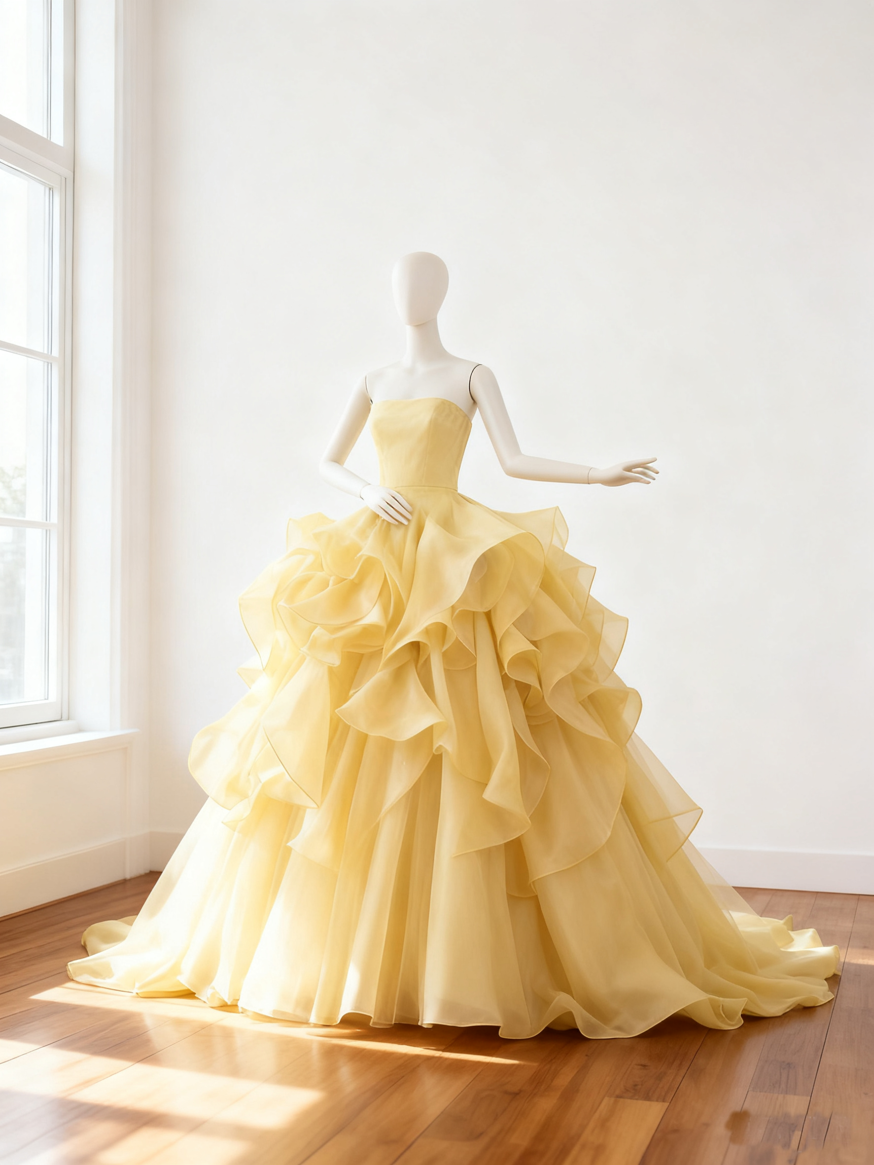 カラードレス  パステルイエロー アシンメトリー風 ビスチェドレス  華やかなトレーン  目立つ  結婚式  前撮り