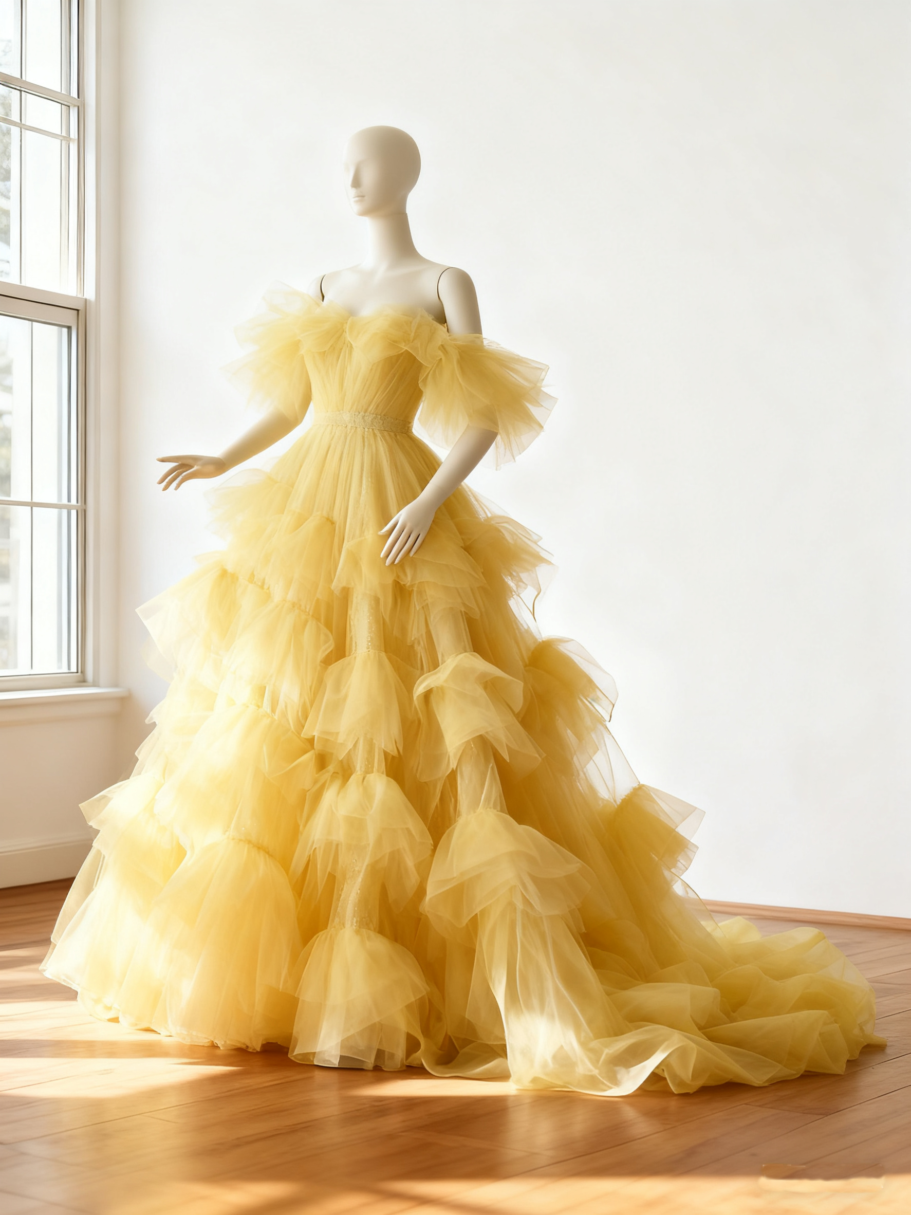 カラードレス  パステルイエロー オフショルダー   華やかなトレーン   ソフトチュール   色直し  花嫁 前撮り